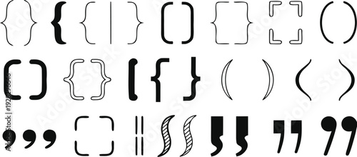 Black Silhouette of Curly Braces Parentheses Angle Quotation Marks Isolated on White
