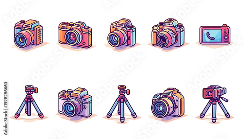 A colorful vector graphic illustration of various camera and tripod icons in a flat, minimalist design style.