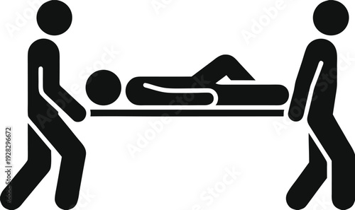 Two black stick figures are carefully transporting a third stick figure lying on a stretcher