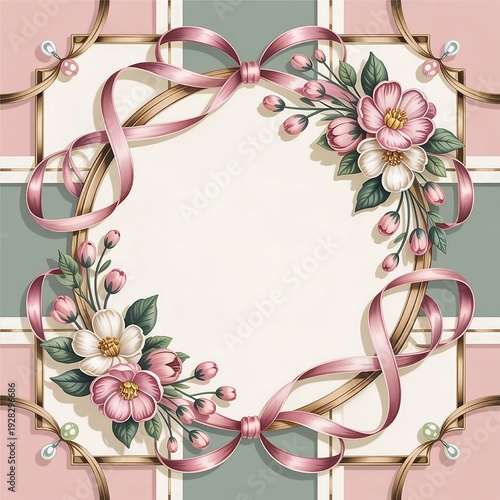 
Pastel Pink & Blue Floral Frame with Cute Ribbons, Bows, Flowers & Pearls – Sweet Girly Border for Baby Shower, Birthday Invitations & Feminine Designs 