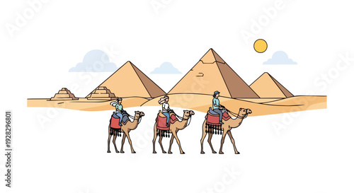 Flat 2D illustration of three camels with riders walking in front of famous travel landmarks, the Egyptian pyramids, on a sunny day.