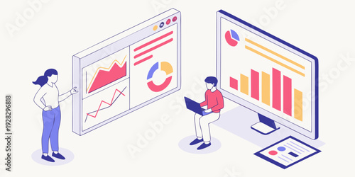 Corporate analytics concept showing executive reviewing KPIs, financial statements, marketing performance, operations data, and quality assurance benchmarks.