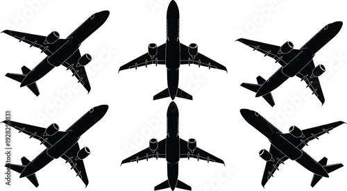 Black airplanes in different angles on white background aircraft silhouette