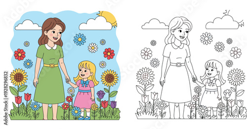 Coloring page outline and colored version of happy mother and daughter holding hands in a flower garden with sunflowers and tulips vector illustration