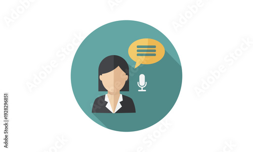 Customer service woman avatar with microphone and speech bubble icon, virtual assistant or call center agent concept, flat vector illustration