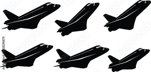 Black airplanes in different angles on white background silhouettes aircraft