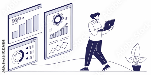 Corporate manager reviewing operational performance dashboards, tracking financial growth, sales trends, HR analytics, and quality assurance indicators.