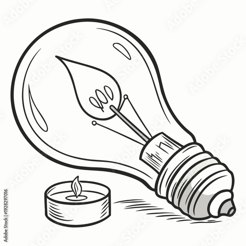Black and white of lightbulb and tea candle with flame