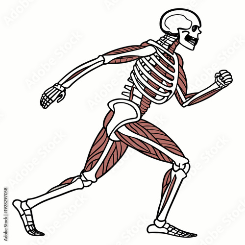 Human skeleton with muscles running to the right anatomy