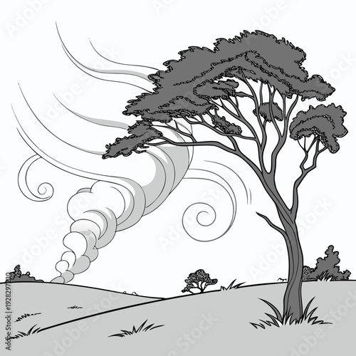 Black and white of a tree on a windy day landscape