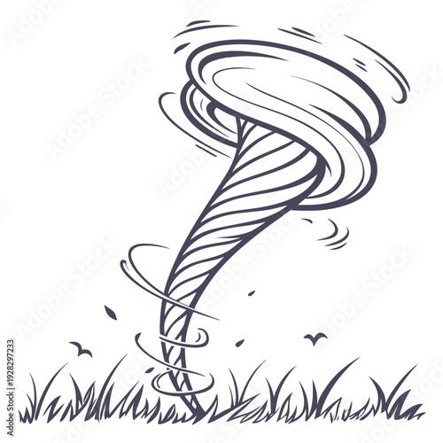 Gray tornado rotating over grass with birds flying