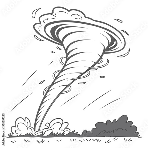 Grayscale of a rotating tornado touching down on grassy terrain with debris