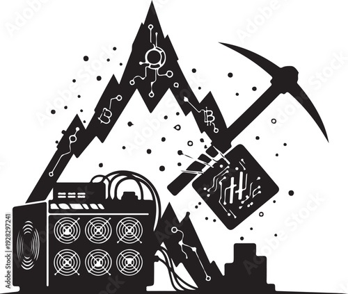 Bitcoin mining rig with pickaxe and circuit graphics on transparent background illustration