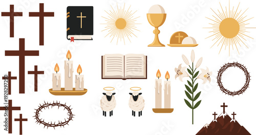 Christian religious symbols illustration, Bible, crosses, chalice, communion host, bishop mitre, lambs, crown of thorns, lily, radiant sunburst art