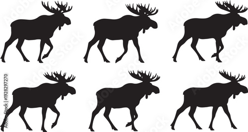 Six black silhouettes of moose walking in a row against a white background.