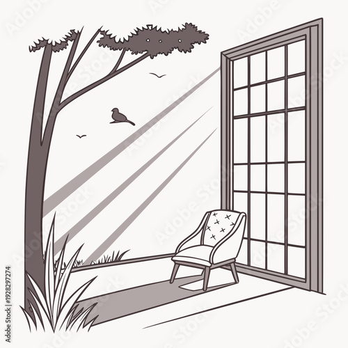 Serene interior scene with chair by window and tree outside