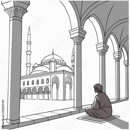 Serene muslim woman praying in mosque portico with arches