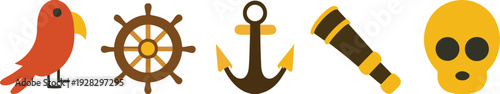 Pirate Icon Set – Anchor, Parrot, Skull, Ship, Treasure Chest & Steering Wheel Vector Clipart .
