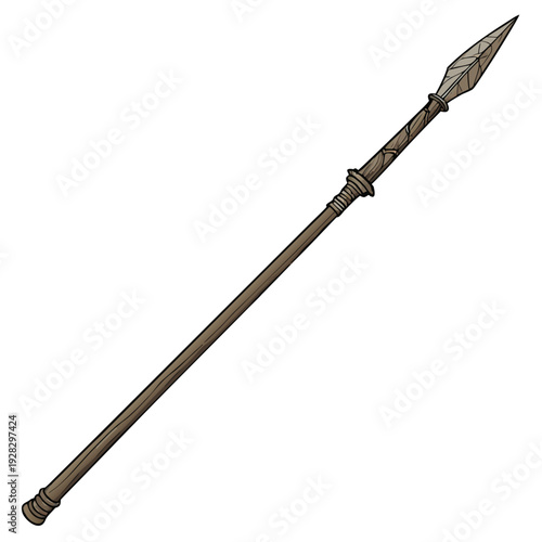 Brown hunting spear with pointed tip and carved handle