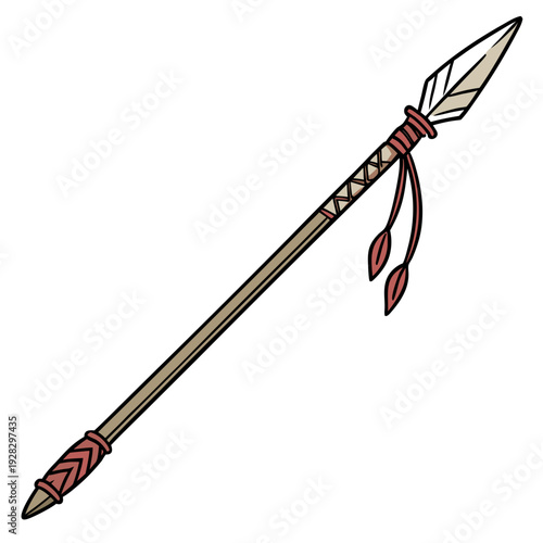 Tribal spear with feather and red accents feathered spear
