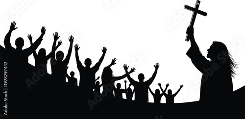 Christian worship silhouette illustration, people raising arms, leader holding cross, faith unity, spiritual gathering, religious ceremony, communal devotion art