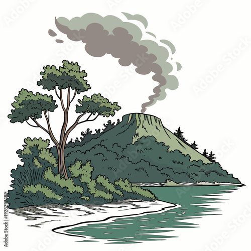 Of volcanic island with trees and water smoke volcano