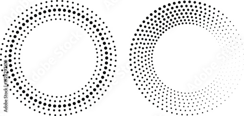 Two incomplete dotted circles with varying density forming abstract shapes