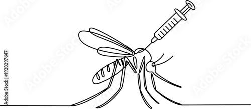 Minimalist single-line illustrating a mosquito being injected with a syringe, symbolizing medical research, disease control, or vaccination efforts