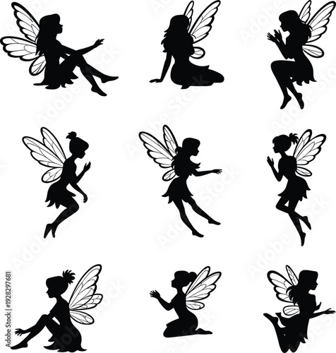 Fairy silhouettes set, black vector magical characters with wings, fantasy creatures in various poses, whimsical design for fairy tale illustration
