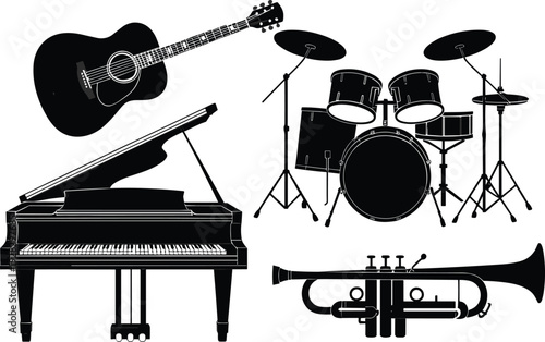 Black musical instruments including a grand piano, acoustic guitar, drum set, and trumpet