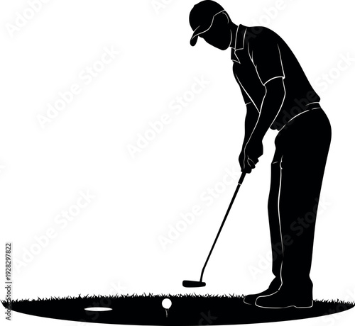 Golfer preparing to putt on green with focused stance