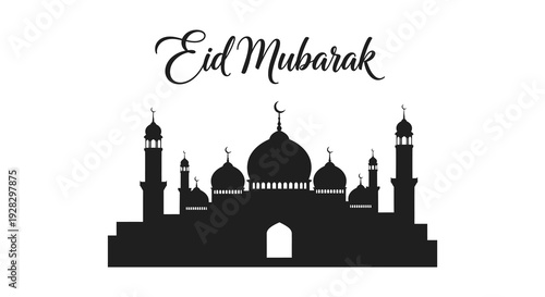 An eid mubarak greeting card with a mosque skyline in dark silhouette celebrating islamic tradition high quality professional
