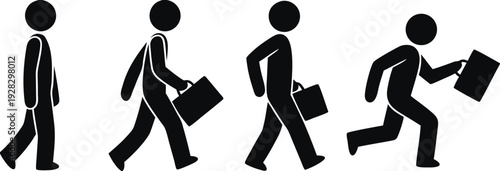 Black stick figure men with briefcases illustrate various paces of business travel and daily routines
