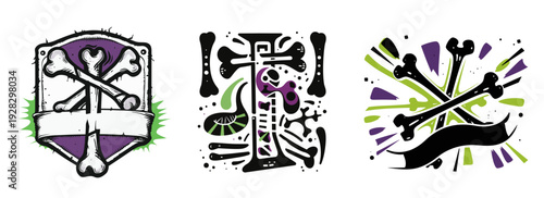 Logo design vector set, weird punk experimental style. rebellious, minimal, powerful.. Bones, teeth and skull.