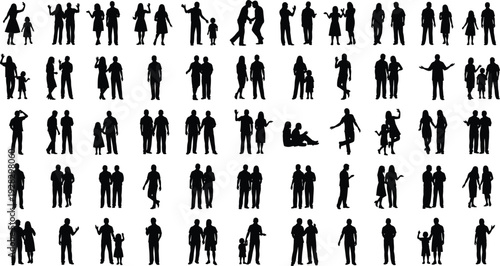 Family and people silhouette collection standing together, parents children couples interaction poses, social relationship concept, black vector illustration