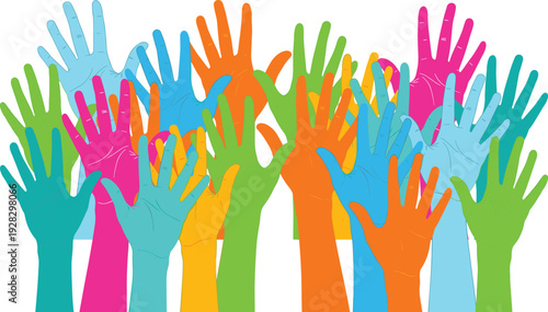 Colorful raised hands illustration, diversity, unity, volunteering, participation, community engagement, vibrant design, open palms, symbolic collective art
