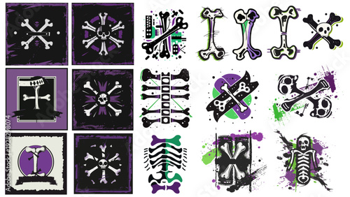 Logo design vector set, weird punk experimental style. rebellious, minimal, powerful.. Bones, teeth and skull.