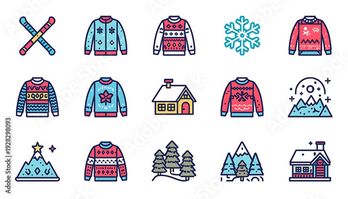 A set of colorful winter icons and illustrations featuring festive sweaters, snowflakes, and holiday-themed graphics