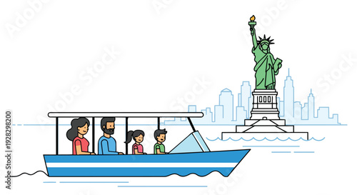 Flat 2D illustration of a family on a tour boat sailing past the Statue of Liberty and New York City skyline on a travel tour