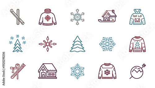 A set of colorful winter icons and symbols in a flat design style