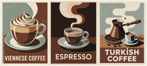 Triptych of vintage-style coffee illustrations, featuring Viennese coffee with whipped cream, a demitasse of espresso, and Turkish coffee in an ibrik with beans and cup. 