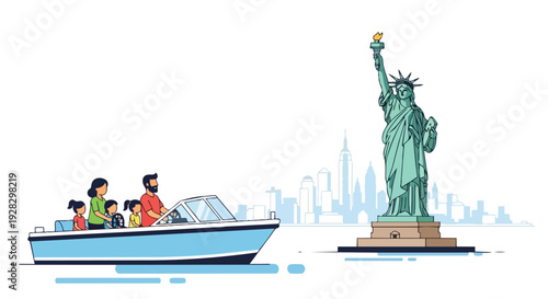 Flat 2D vector illustration of a boat with people approaching the Statue of Liberty in front of a New York City skyline, with a famous travel landmark in the background.