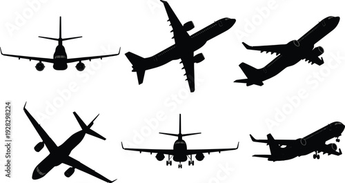 Black silhouettes of airplanes in various flight positions white background
