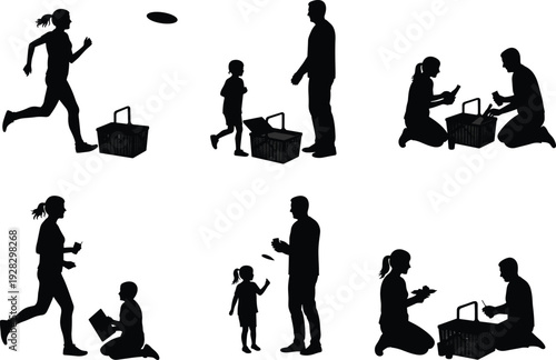 Family enjoying outdoor picnic activities including eating, playing frisbee, and spending quality time together in a park or garden.