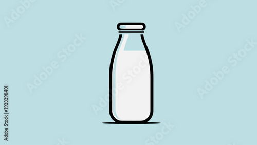 A minimalist vector illustration of a glass milk bottle with a black cap on a pale blue background