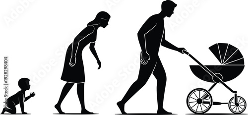 Family evolution silhouette – baby crawling, woman walking, man pushing stroller – generational growth, parenting, life stages concept illustration