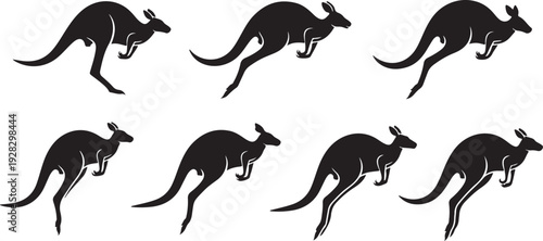 Eight black silhouettes of kangaroos in various dynamic poses
