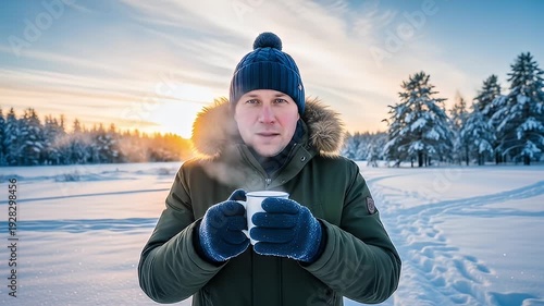 Man in winter gear holds steaming mug in snowy landscape at sunset, looking at camera