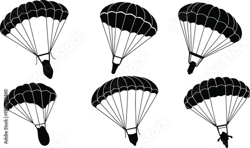 Black silhouettes of parachutes with people skydiving skydiver