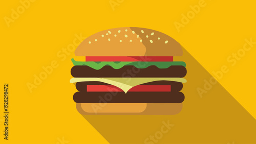 Vibrant Flat Design Cheeseburger Illustration with Long Shadow on a Yellow Background, Capturing Modern Fast Food Aesthetics